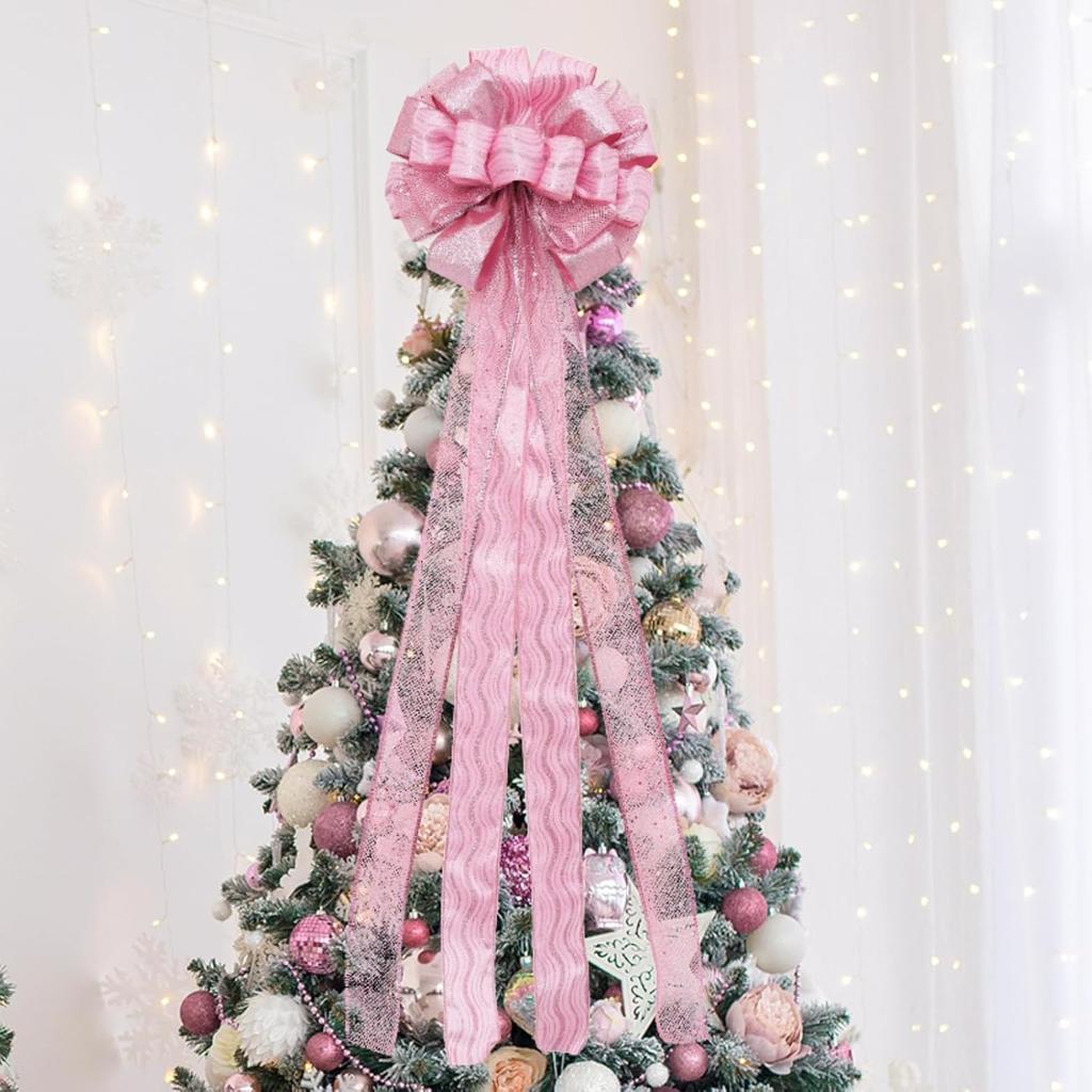 Christmas Tree Topper, 32x12 Inches Large Toppers Bow with Glitter Satin Mesh Streamer, Pink Christmas Tree Topper for Christmas Home Decoration