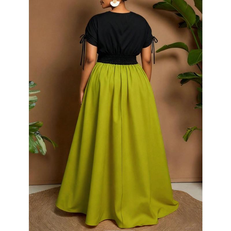 Plus Size V Neck Color Block Waist Cinched Midi Casual Dress For Women