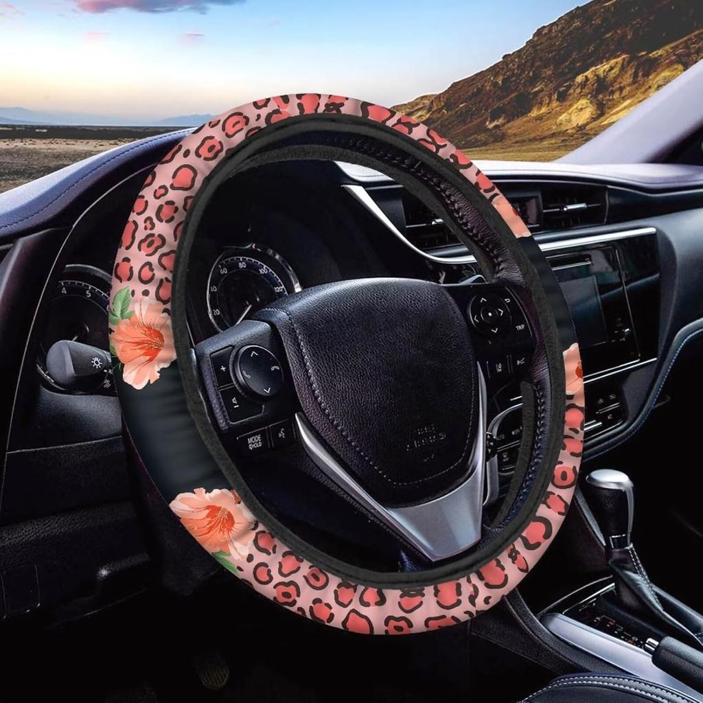 15inch Cow Sunflower Auto Steering Wheel Cover for Women Men Sunflower Lover,Brown Cowhide Steering Wheel Cover Protector Accessory Elastic and Anti