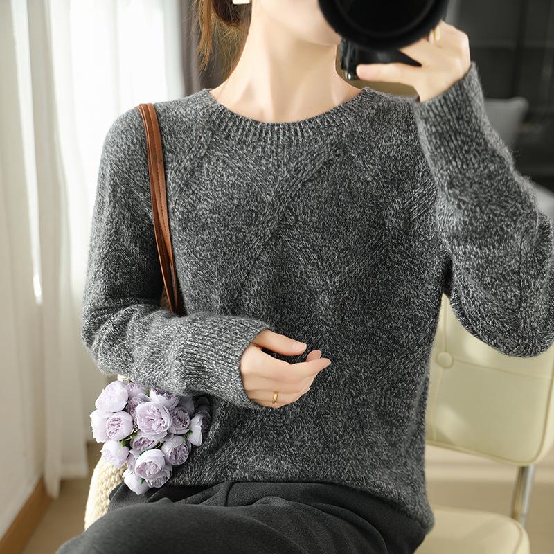 Women's 100% Pure Wool Round Neck Thickened Sweater for Autumn/Winter