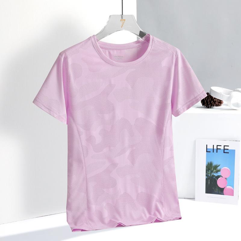 

Женская летняя футболка Yoga Slim Solid Color Outdoor Sports из жаккарда Quick Dry с круглым вырезом XL светло-розовый