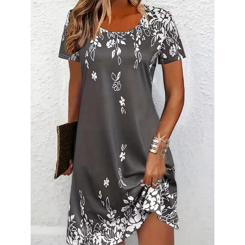Rochie A-line florală boemă pentru femei, cu imprimeu 3D și mânecă scurtă, model vibrant multicolor de flori, îmbrăcăminte feminină, rochie casual