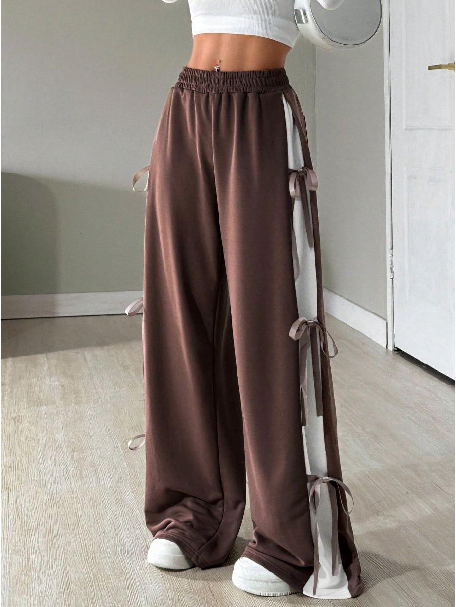 European and American Women s 2026 Casual Bow Contrast Patchwork Drawstring Pants S