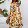 Women's Casual Fashion Round Neck Pleated Short Sleeve Floral Print A-Line Midi Dress