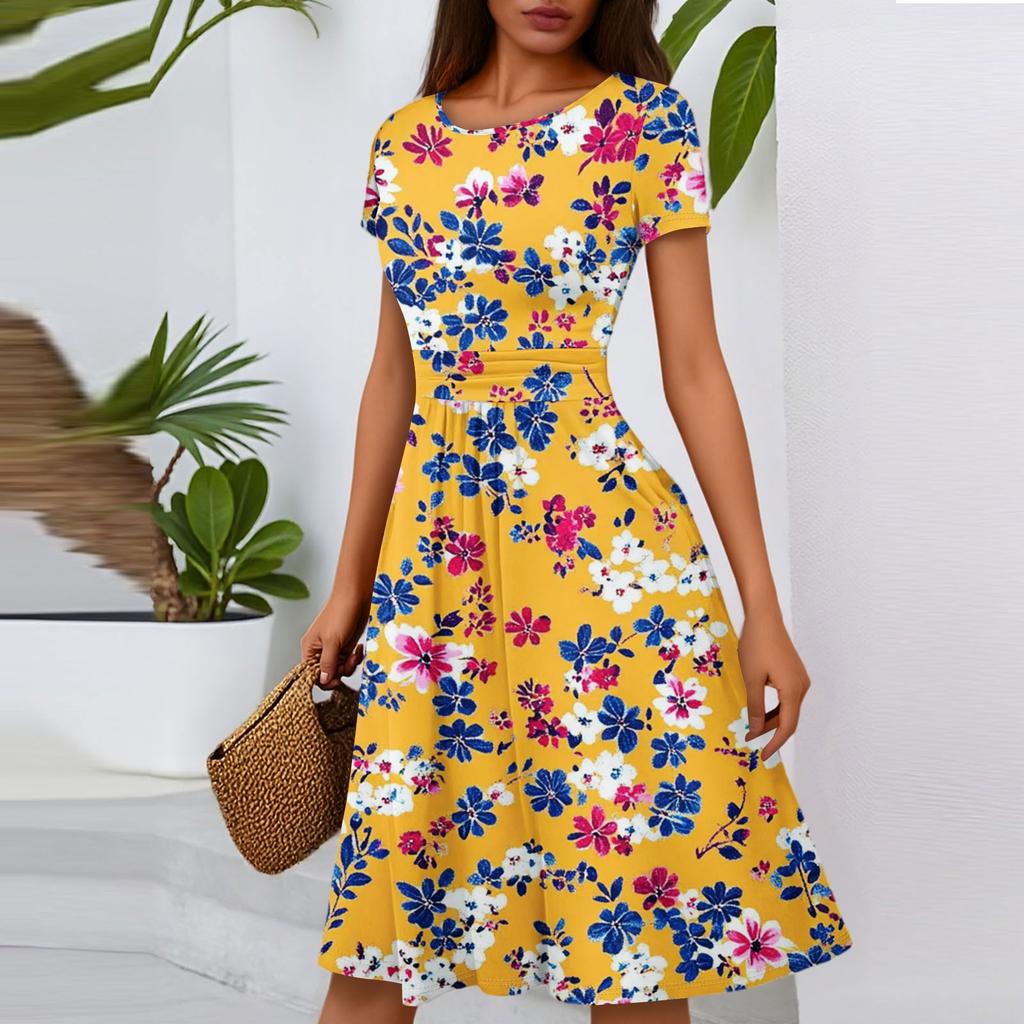 Women's Casual Fashion Round Neck Pleated Short Sleeve Floral Print A-Line Midi Dress