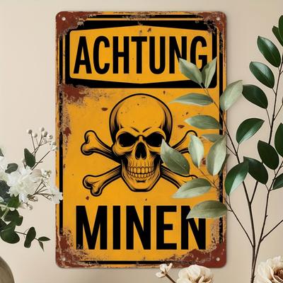 Vintage Niemiecki Znak Ostrzegawczy Achtung Minen z Czaszką, Metalowa Puszka Tablica do Domu Jaskini Mężczyzny Montowana na Ścianie Historyczna Sztuka