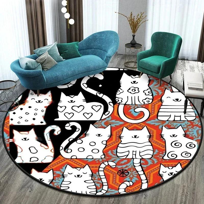 Cute Cat Round Carpet Cartoon Animal Cats Area Rug for Office Living Room Bedroom Decoration Non-slip Children's Crawl Floor Mat