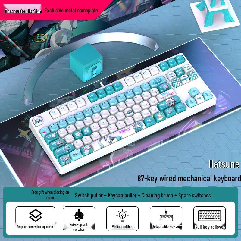 Moa Theme 87-Key Wired Mechanical Gaming Keyboard – Cute PBT Design for Office or E-sports
