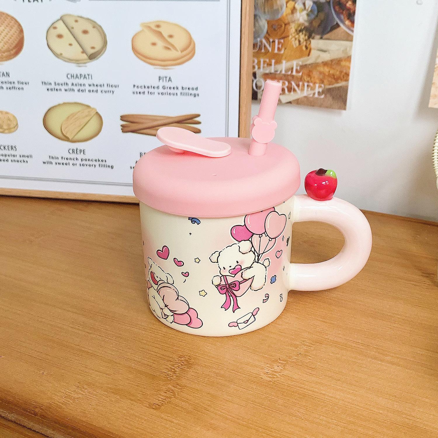 

Cup for Girls with High-value Apple Ceramic Mug with Lid Straw Cup Household Water Cup Souvenir 301-400ml