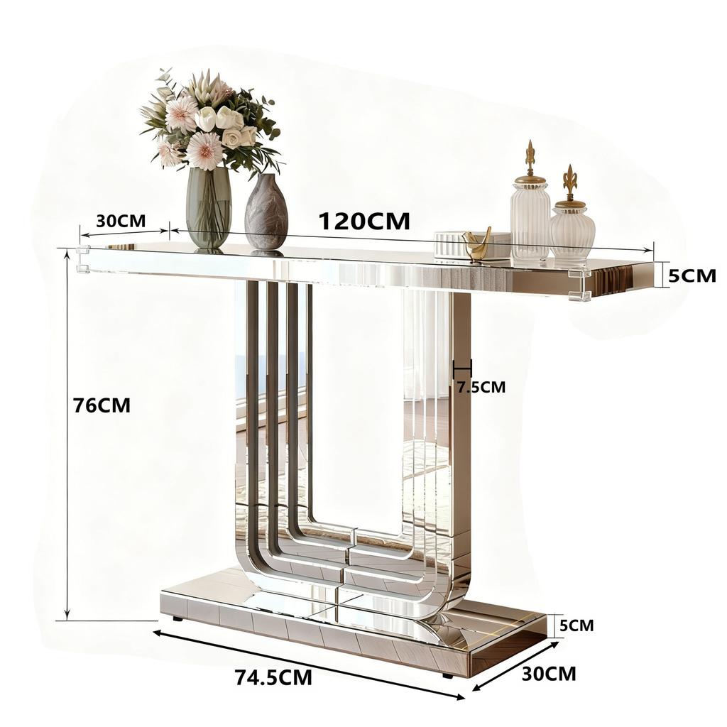 120CM Mirrored Console Table;with Silver Look & U-Shape Base, Scratch-Resistant & Easy To Clean, Luxury Living Room Table for Brightening the Room