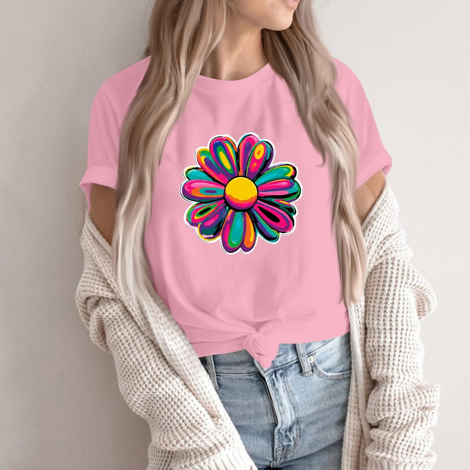 

Women s Fashion Casual Printed Round Neck Short Sleeved Pullover T-Shirt Top XXL розовый