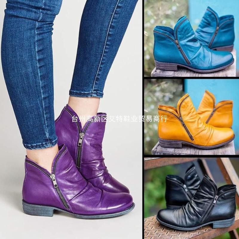Women's round head artificial mouth women's leather boots side zipper Martin boots warm women's shoes