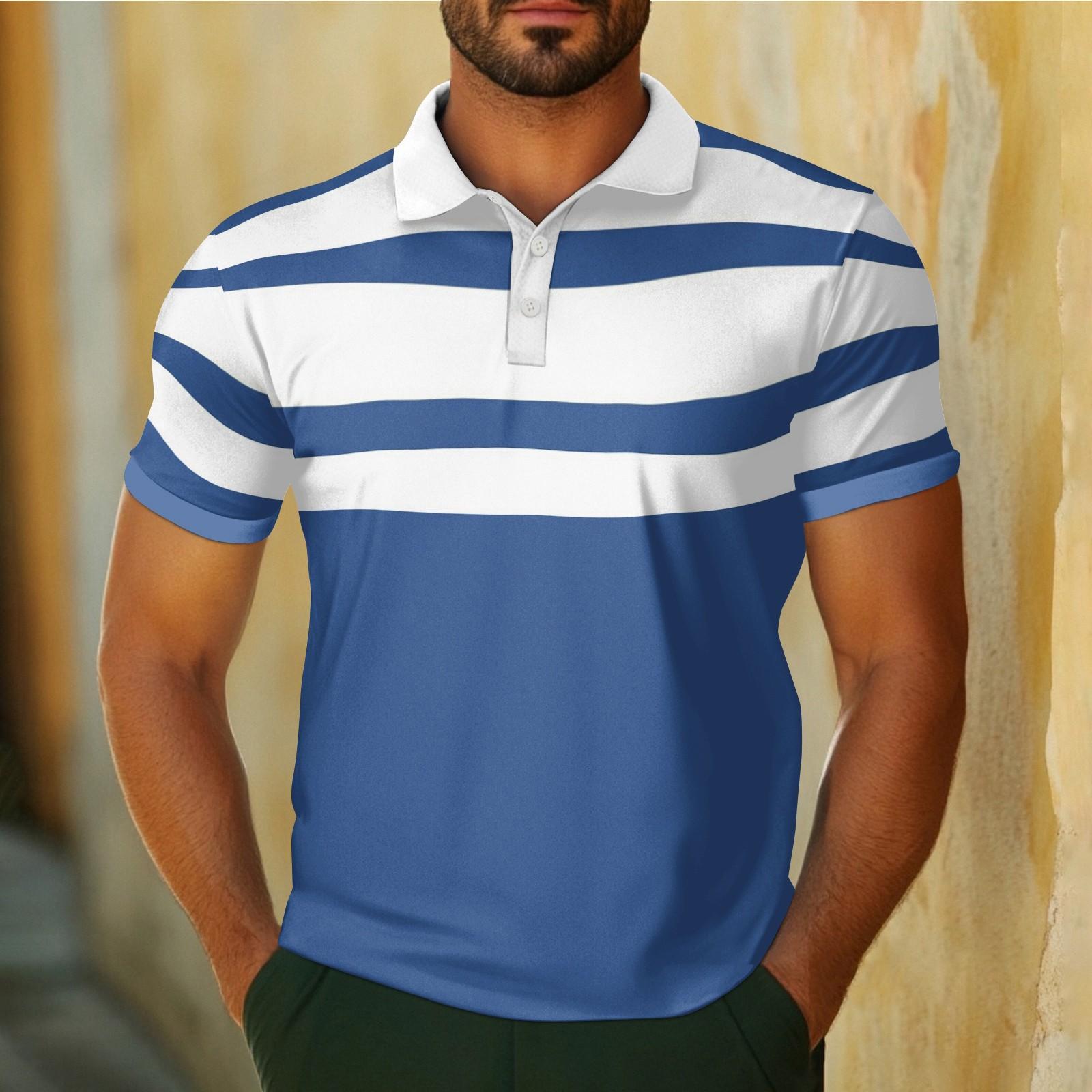 Men s Casual Breathable Short Sleeve Striped Plaid Printed  Shirt S синий
