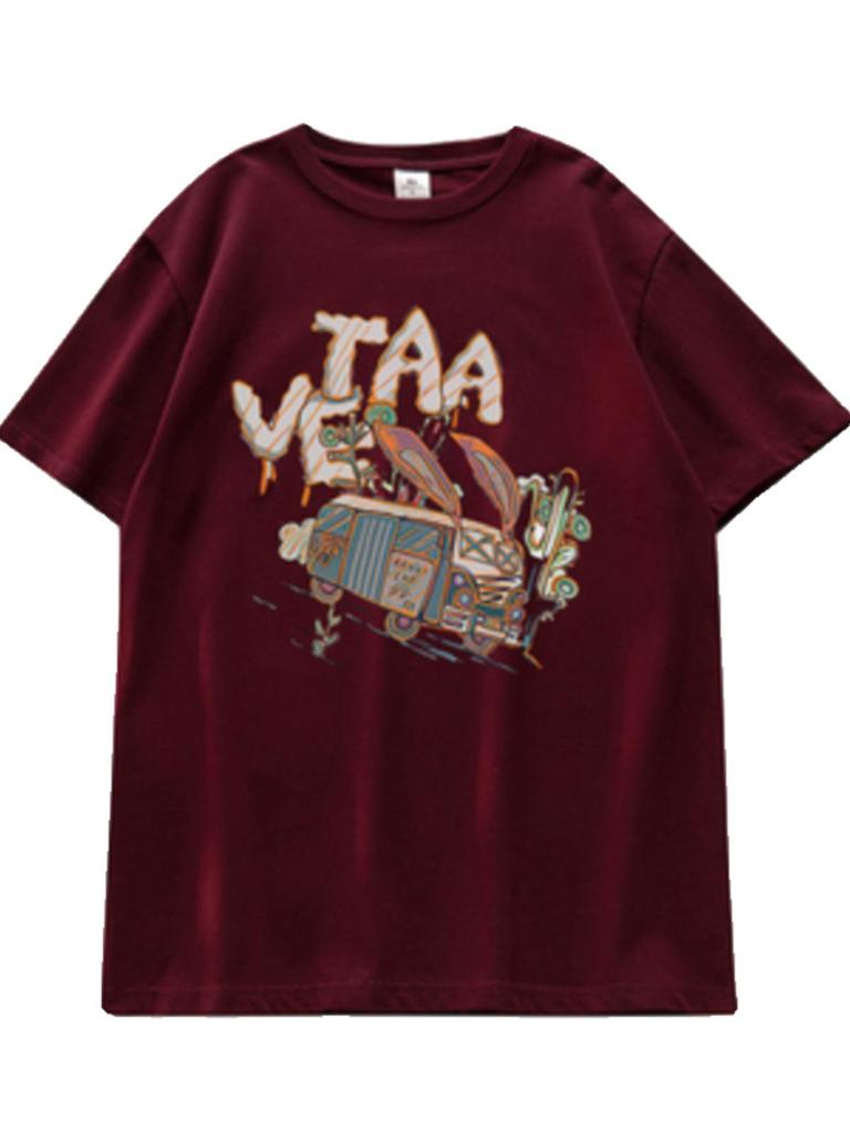 Camiseta Chic de Algodón Rojo Vino para Mujer Talla Grande - Estilo Coreano, Manga Corta, Oculta la Barriga