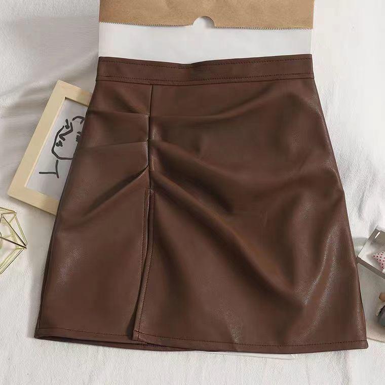 Women's High Waist Slit Pleated PU Mini Skirt - Slimming A-Line, Anti-Exposure, Hip-Hugging