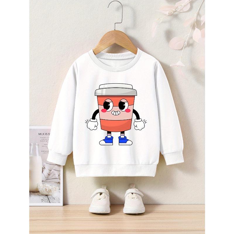 Kids Cartoon Coffee Cup Print Crew Neck Sweatshirt - Regular Fit, Applique Detail, Slight Stretch, Casual Style