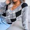 New Diamond Checkered Casual Versatile V-neck Sweater for Girls