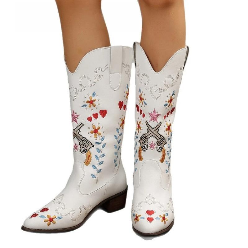 2025 European American Fashion Autumn Winter New Women's Mid Heel Leather Boots Pointed Toe Embroidered Western Boots