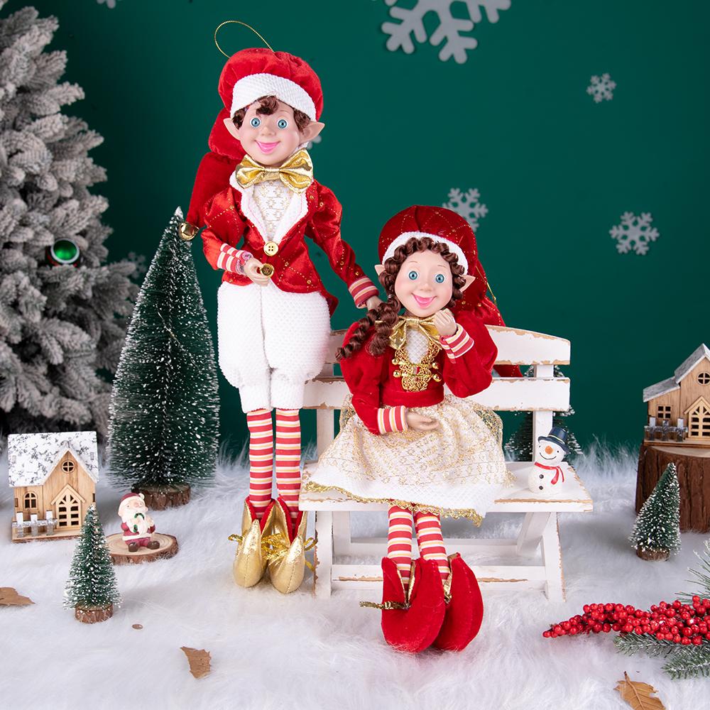 Red-White-Gold Christmas Elf Doll Set