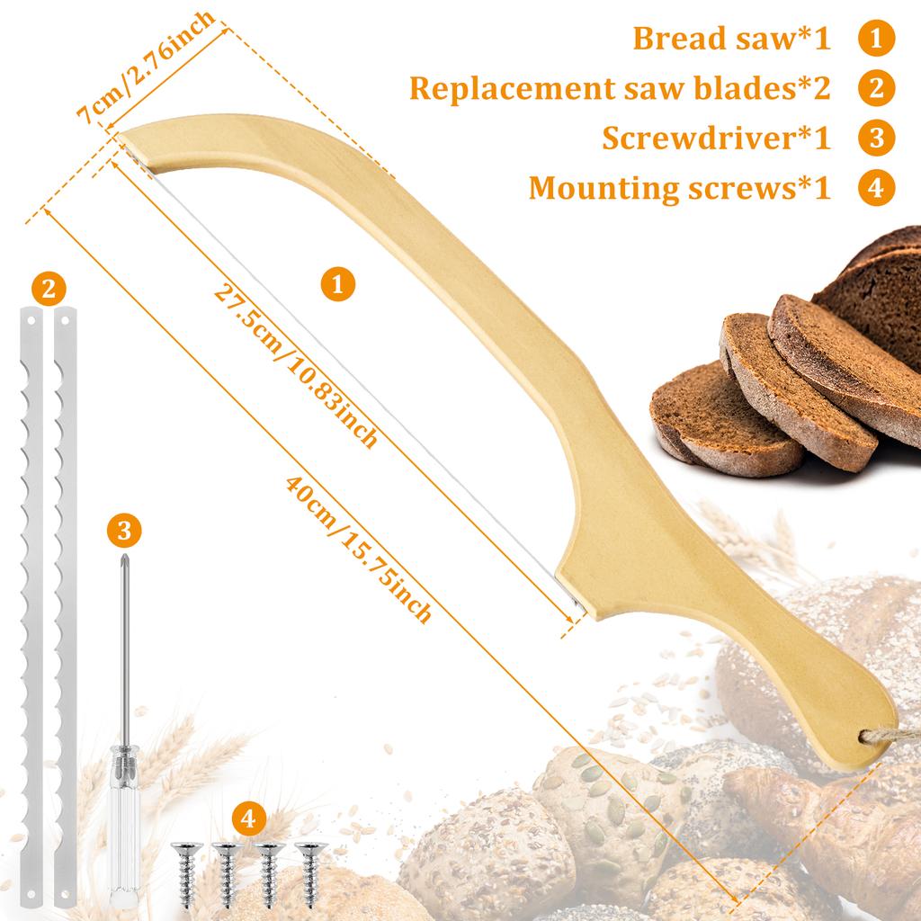 Bread Bow Cutter Serrated Bagel Cutter Stainless Steel Sourdough Bread Slicer Portable Bread Cutting Tool with Bamboo Handle