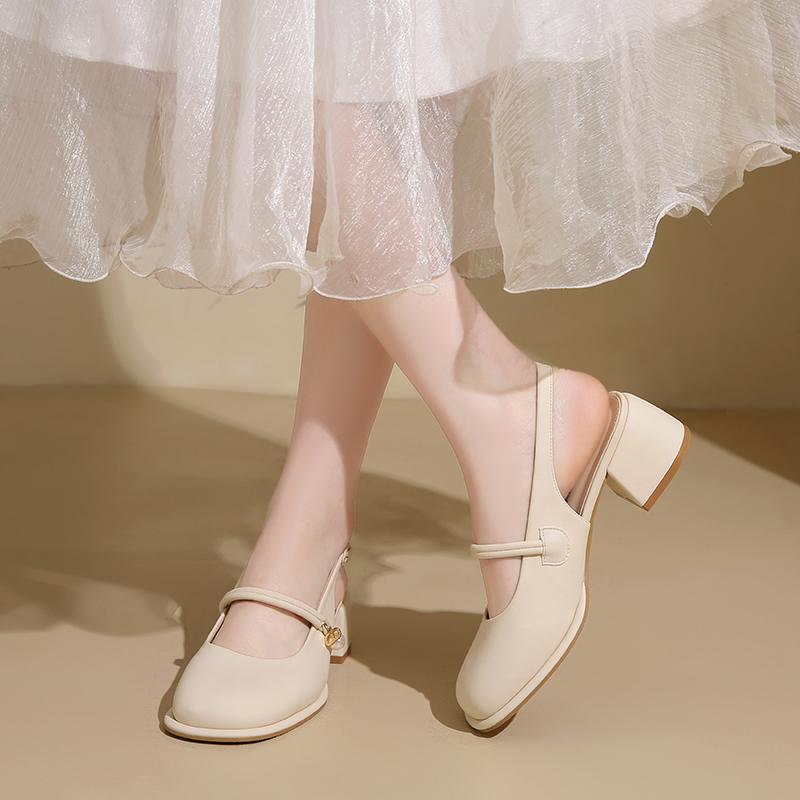 2025 Summer New Women's Mary Jane Shoes High Heel Fairy Tale Style Slip-On Match Skirts French Thick Heel Single Shoes Round Toe