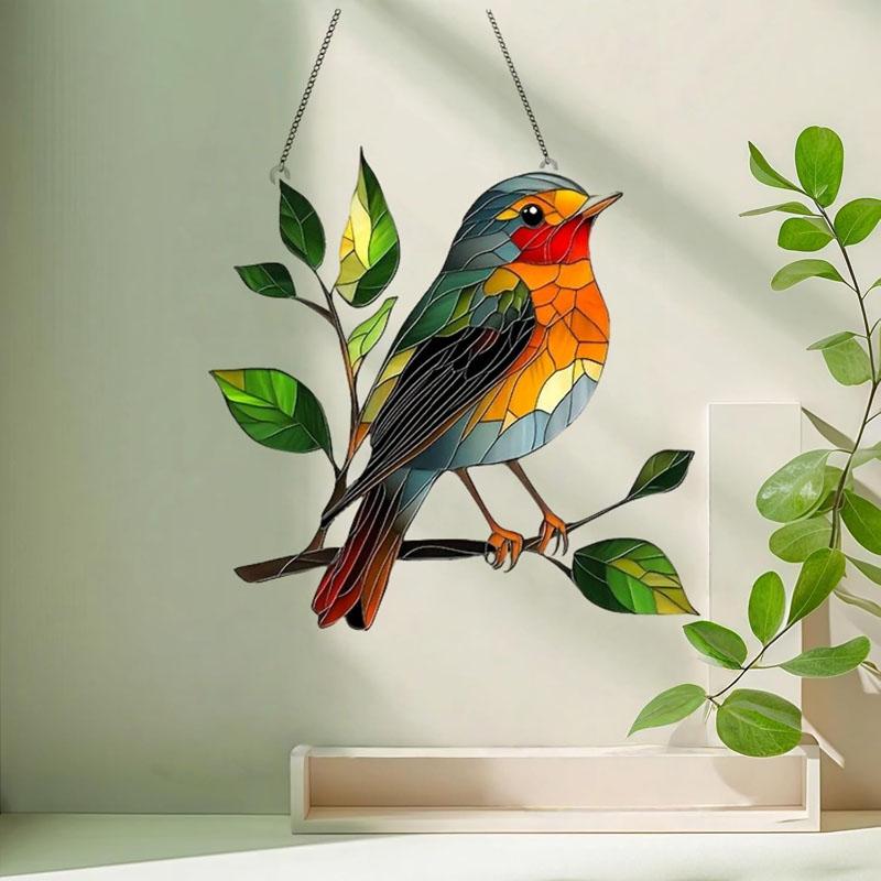 Robin Suncatcher for Windows & Garden,2D Stained Glass Effect Hanging Ornament,20x20cm Outdoor Heart Shape Decoration
