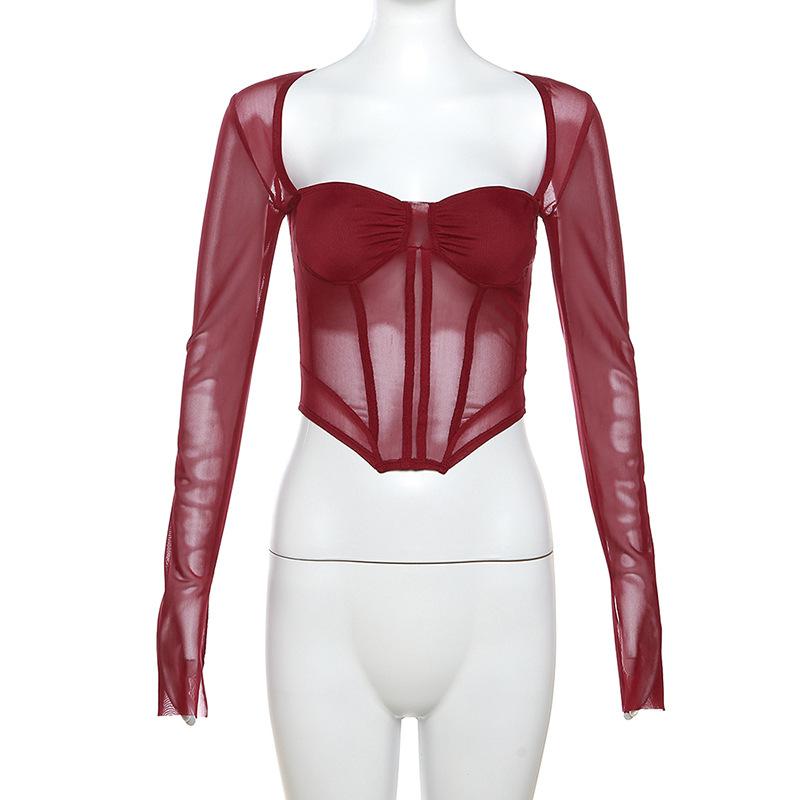 Women's Black Mesh Long Sleeve Corset Top, Square Neck Sheer Boned Crop Top for Streetwear & Party