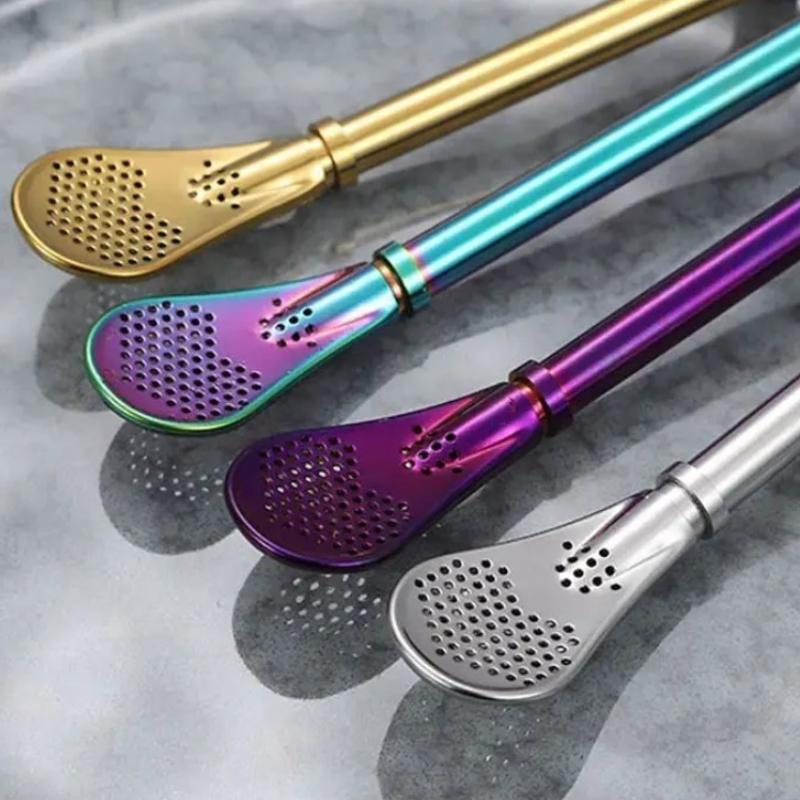 Colorful 304 Stainless Steel Filter Straw Spoon Reusable Eco-Friendly Stainless Steel Drinking Straws Tea Coffee Filtered Spoons