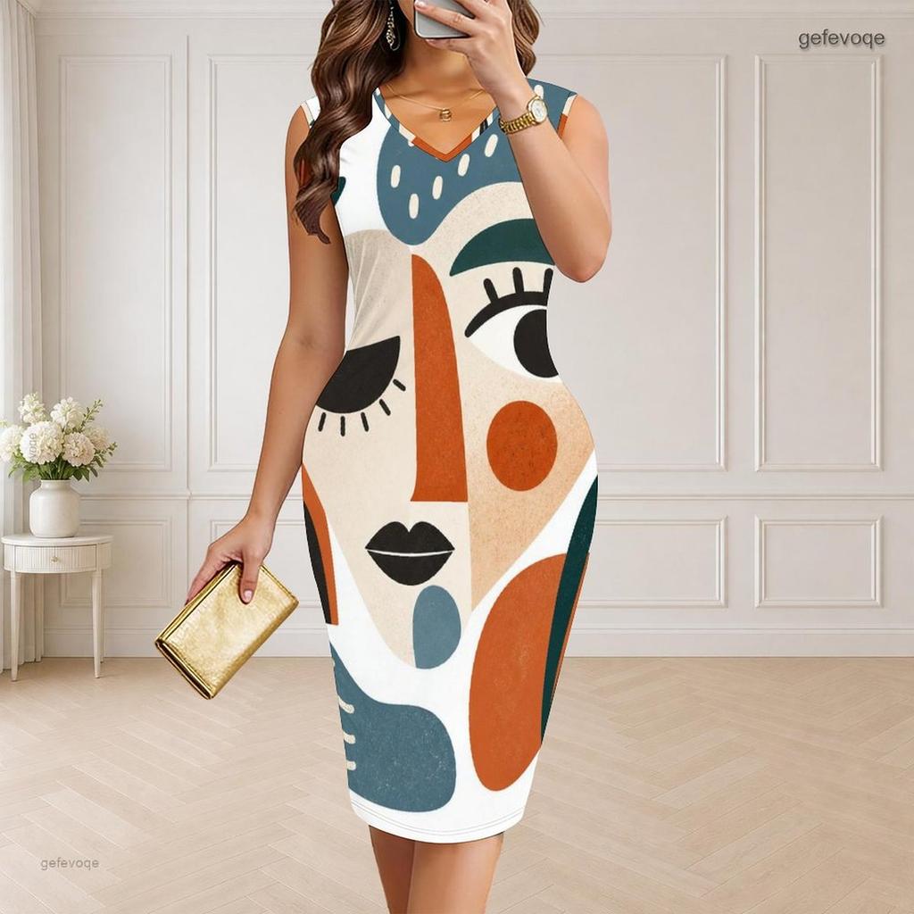Women Plus Size V Neck Sleeveless Printed Bodycon Midi Dress