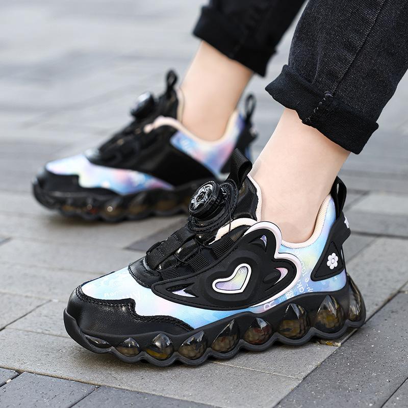 Children's leathery middle-aged and older children's 2025 casual sports shoes Girls' rotating buckle running shoes