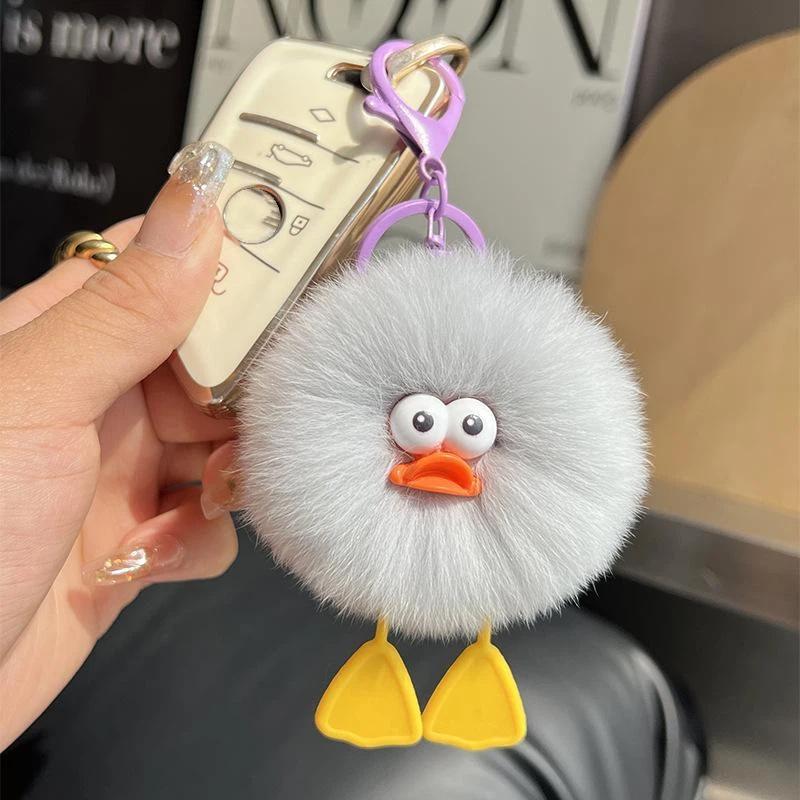 Cute Fluffy Duck Pom Pom Keychain Soft Faux Fur Little Pendant Decor Gift For Girls Students Daily Use