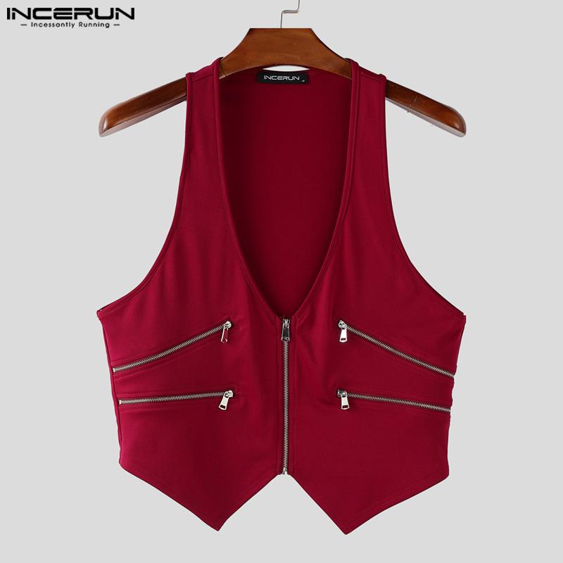 INCERUN Men Deep V Neck Sleeveless Zip-up Irregular Casual Tank Tops Waistcoat