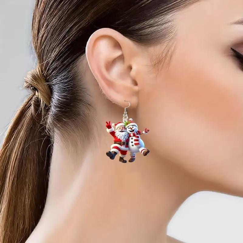 Santa Claus & Snowman Cartoon Earrings - Fun Holiday Acrylic Jewelry