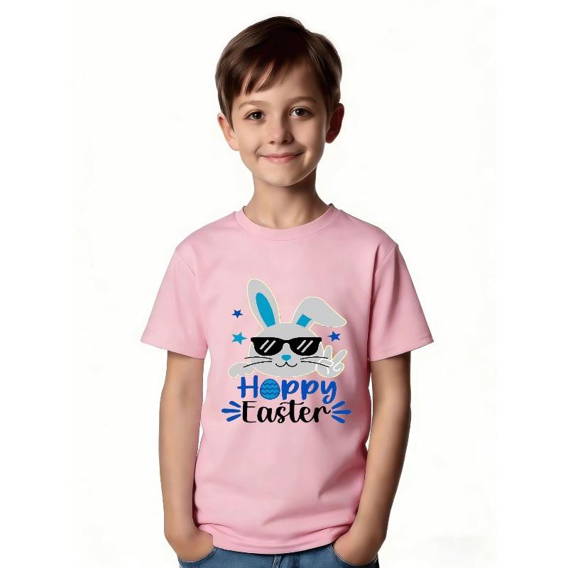 European Sizes Children Girls and Boys Cartoon Style Rabbit Pattern T-Shirt - Stylish Black Background, Trendy Sunglasses Rabbit, Hoppy Easter Design