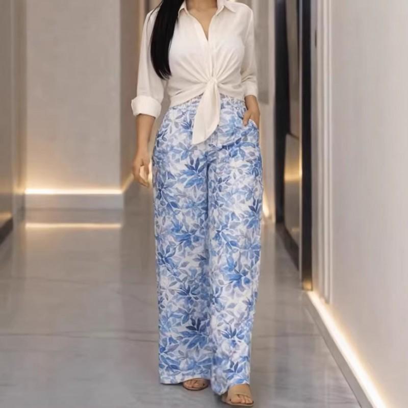 2026 Womens Printed Shirt Wide Leg Pants Set Casual Office Outfit