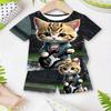 2-piece boys' shorts+T-shirt set - daily comfort style, cartoon pattern 3D guitar cat print round neck short sleeved and shorts summer set