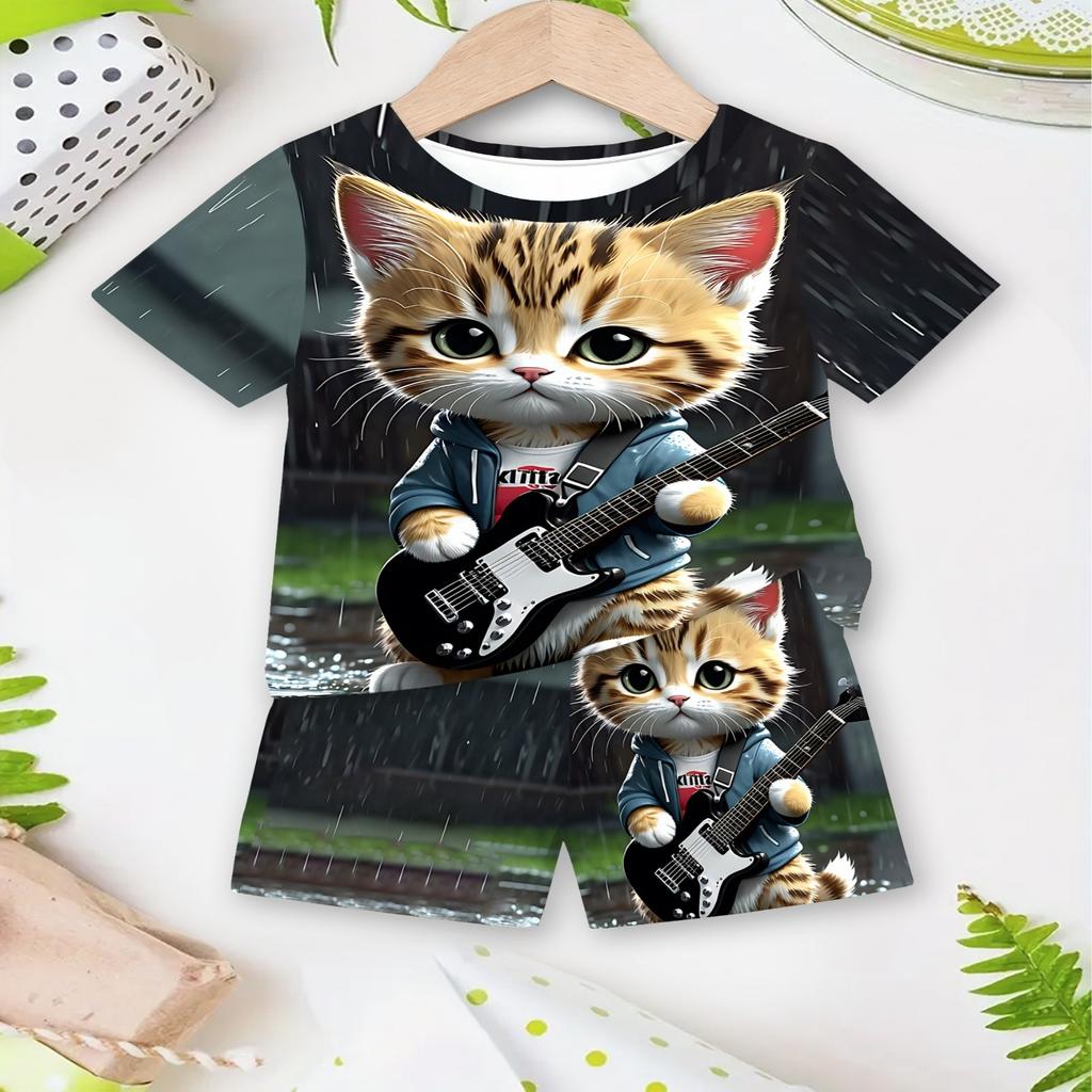 2-piece boys' shorts+T-shirt set - daily comfort style, cartoon pattern 3D guitar cat print round neck short sleeved and shorts summer set