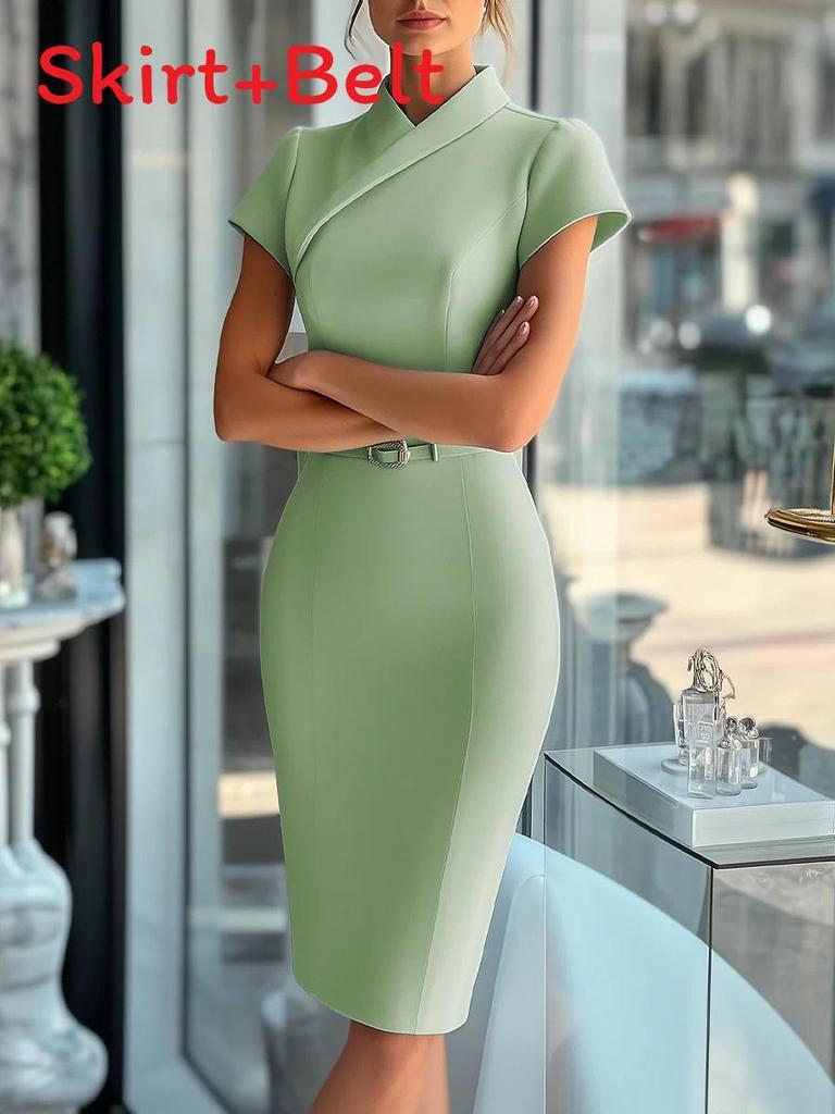 Packable Blue Polyester Bodycon Dress With Notch Collar For Office And Casual Wear