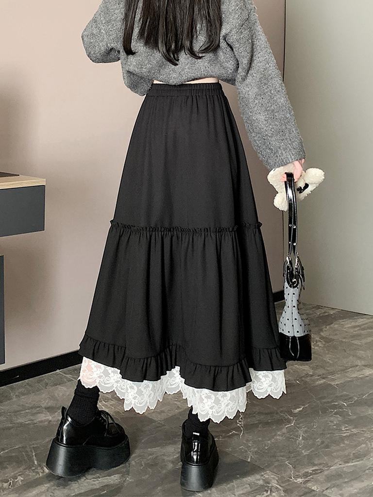 Lace Spliced Midi Skirts for Women High Waist Sweet Vintage A-line Cake Skirt Fashion Clothing Spring Autumn