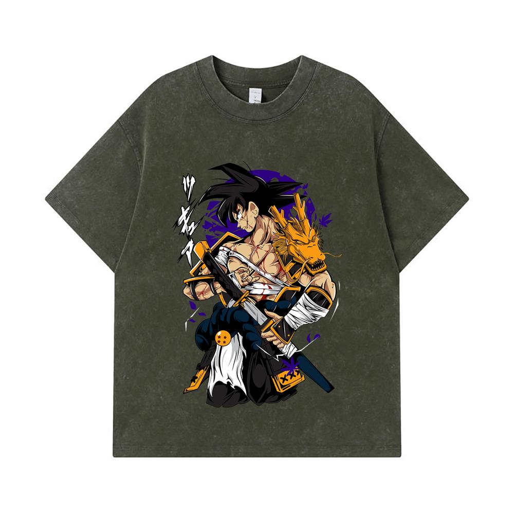 

275 GSM Washed T-shirts 100% Cotton Dragon Ball V68 Goku Samurai Print Unisex Heavy Cotton T Shirt S армия зеленый