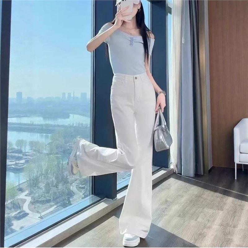 Women's High-Waisted White Micro-Flare Jeans - Autumn Style, Slimming, Loose Fit, Floor-Length, Leg-Lengthening Effect