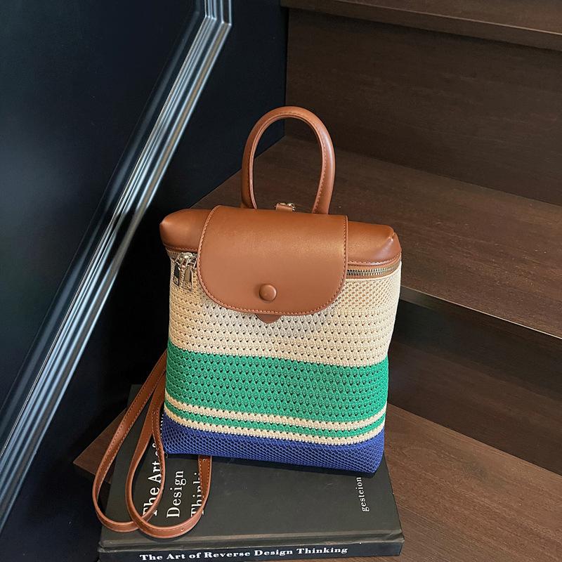 Summer straw bag women's new contrasting color backpack niche hollow woven portable backpack