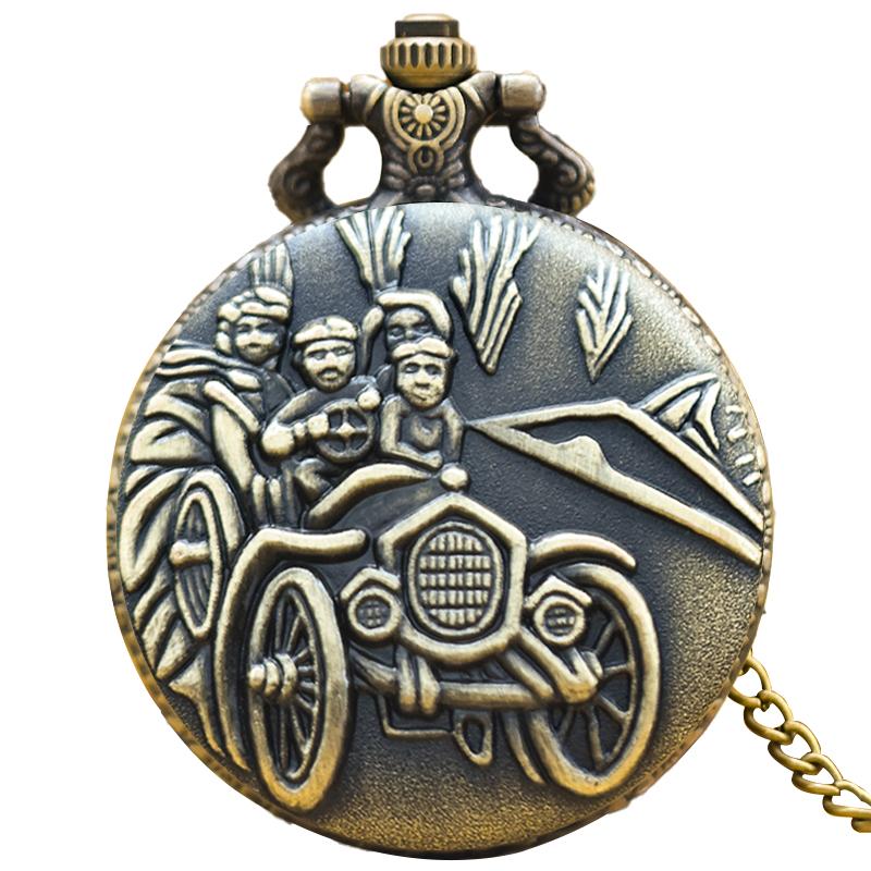 

Vintage Bronze Clamshell Vintage Car Carved Necklace Quartz Pocket Watch Male And Female Students Gift бронзовий