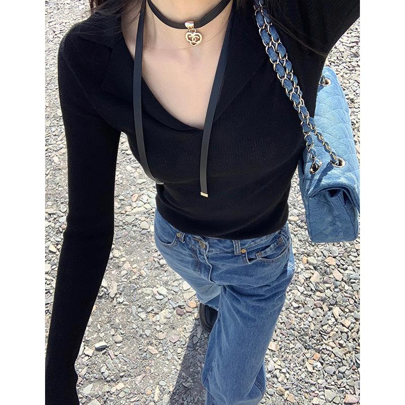 Polo collar slim-fit threaded knitted sweater women's autumn pure desire wind collar slim long-sleeved top bottoming shirt