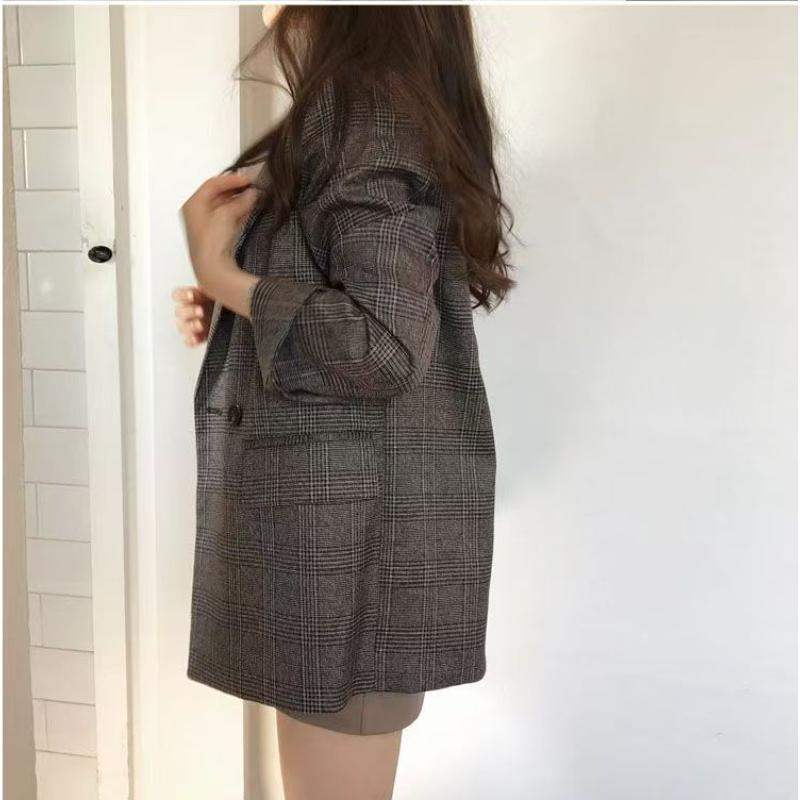 Szykowny Nowy Garnitur w Kratę Retro Prosty Wiosna Jesień Luźny Koreański Długi Rękaw Marynarka Garniturowa dla Kobiet