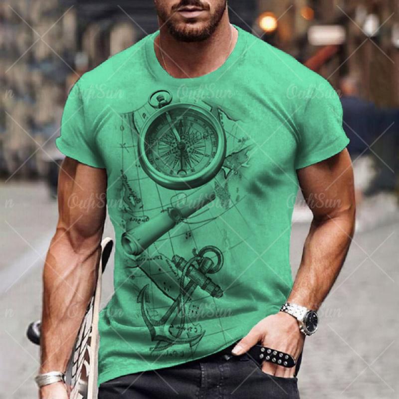 T-shirt imprimé boussole vintage pour hommes, chemise à manches courtes, hauts nautiques, sweat-shirt à col rond d'été, vêtements de créateur quotidiens pour hommes