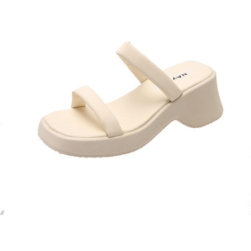 Slippers women's summer new one-word square head thick heel high heels fashion wear open-toed sandals