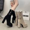 Fashion Shoes Boots Flat Platform Boots-Women  Round Toe Clogs Ladies Black Rubber Summer Ankle 2025 High Heel Flock Retro Cotton Fabric