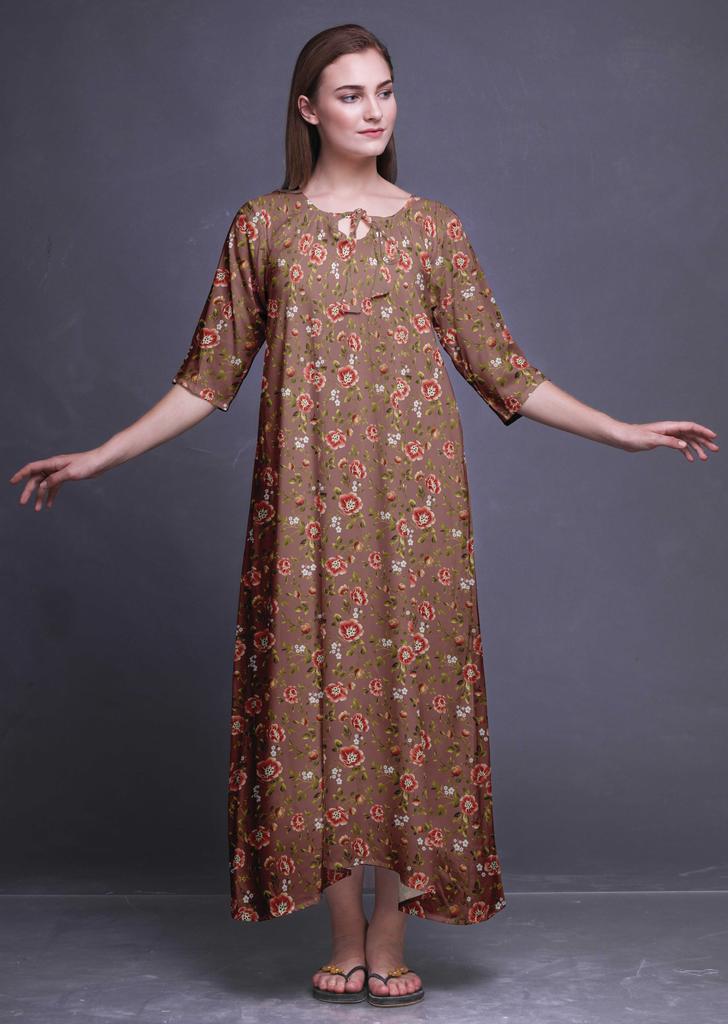 Bimba Dark Rose Brown Floral Leaves & Camellia Kanjiro Printed Nightgowns Maxi Sleepwear For Women Long Sleep Dress