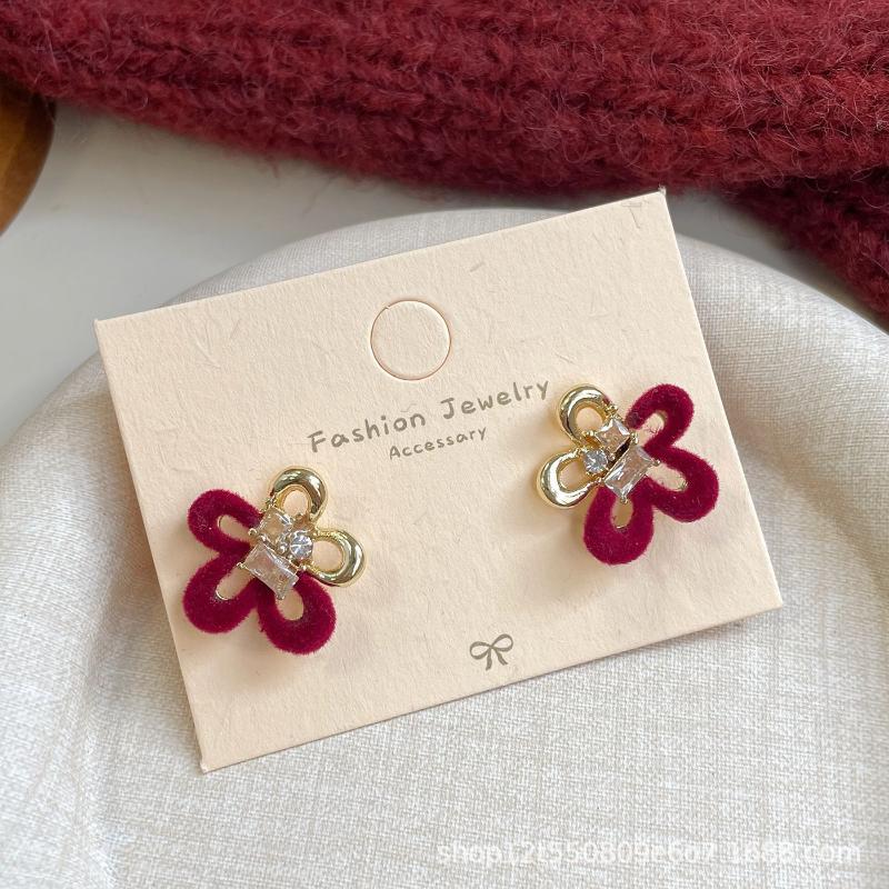 Cute Red Bow Flocking Earrings Simple Elegant Exquisite Sweet Festive Earrings Ear Studs Jewelry Accessories New Year Gifts
